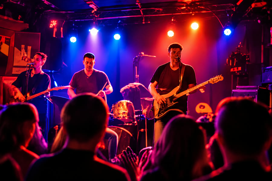 Band playing on a stage with colored lights