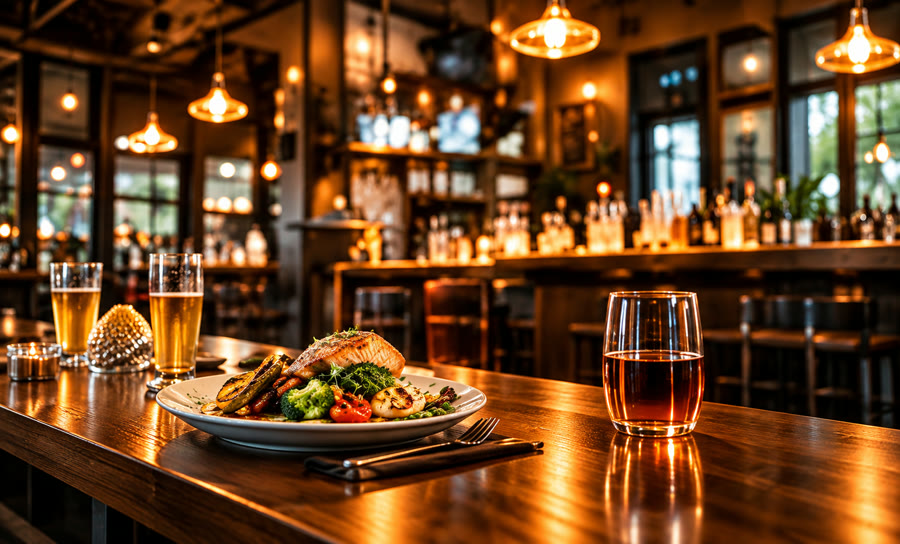 Restaurant bar with burger and drinks