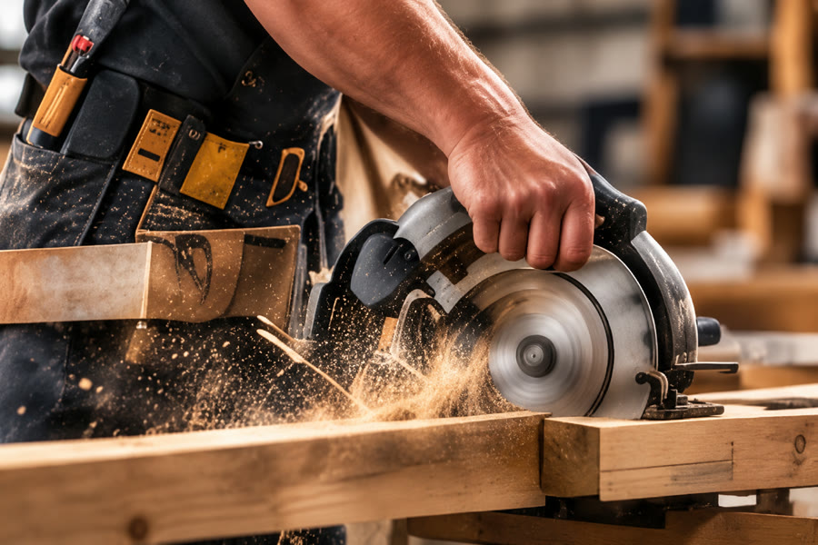 Handyman cutting wood with a circular saw