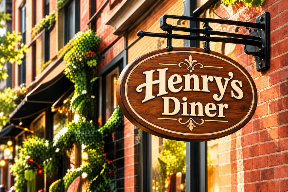Hanging wooden sign reading Henry's Diner on a brick storefront
