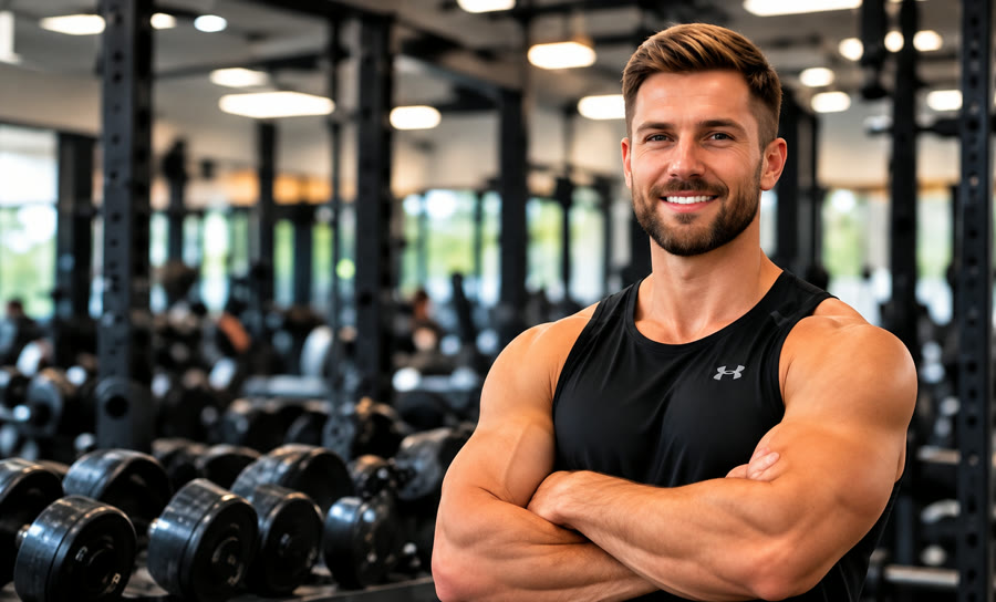 Personal trainer standing in a gym with his arms crossed